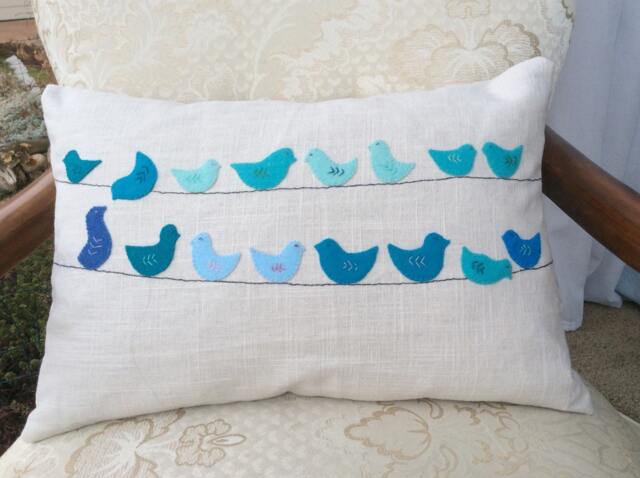 Blue Bird Applique Pillow Cover Teal Nursery Decor, 12x18 Lumbar - image 1