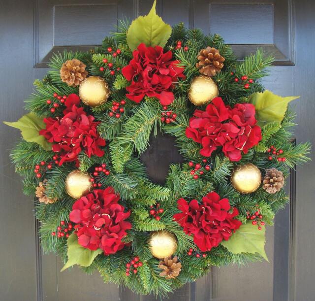 Outdoor Red Hydrangea Christmas Wreath Pinecone & Gold Ornament Weatherproof Evergreen Decor 22 Inches - image 1