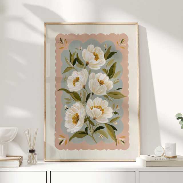Folk Botanical Floral Wall Art Print, Blush Dahlia Style Flowers With Blue Border, Contemporary Nature Poster For Bedroom Or Living Room - image 1