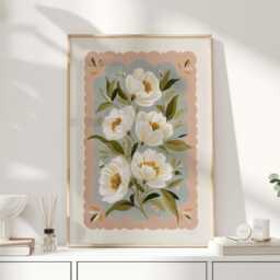 Folk Botanical Floral Wall Art Print, Blush Dahlia Style Flowers With Blue Border, Contemporary Nature Poster For Bedroom Or Living Room - thumbnail 1