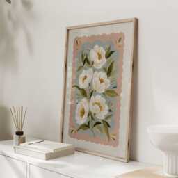 Folk Botanical Floral Wall Art Print, Blush Dahlia Style Flowers With Blue Border, Contemporary Nature Poster For Bedroom Or Living Room - thumbnail 2