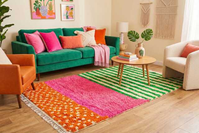 Colorful Moroccan Wool Rug, Burnt Taupe Grid Berber Carpet, Handmade Shaggy Area Rug - image 1