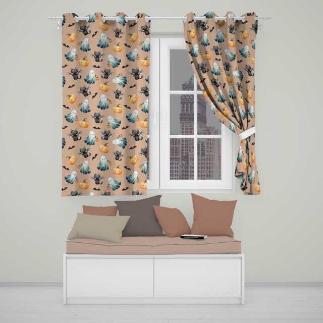 Cute Halloween Ghost Pumpkin Bat Cat Seamless Pattern Peach Background Readymade Eyelet Ring Top Thermal 100% Blackout Curtains - image 1