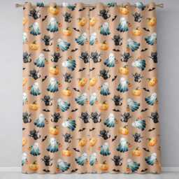 Cute Halloween Ghost Pumpkin Bat Cat Seamless Pattern Peach Background Readymade Eyelet Ring Top Thermal 100% Blackout Curtains - thumbnail 2