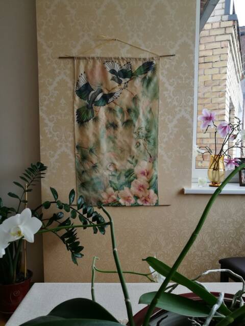 Hand-Painted Ahimsa Silk Wall Hanging Magpies, Hibiscus, Pines - Oriental Style Art - image 1