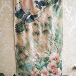 Hand-Painted Ahimsa Silk Wall Hanging Magpies, Hibiscus, Pines - Oriental Style Art - thumbnail 2
