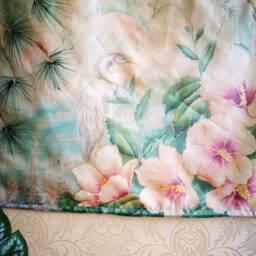Hand-Painted Ahimsa Silk Wall Hanging Magpies, Hibiscus, Pines - Oriental Style Art - thumbnail 3