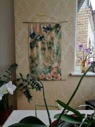 Hand-Painted Ahimsa Silk Wall Hanging Magpies, Hibiscus, Pines - Oriental Style Art - thumbnail 1