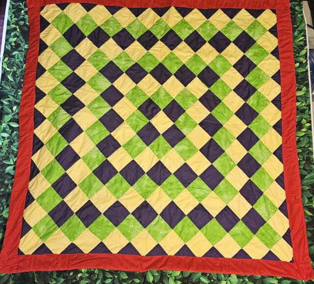 Handsewn-Artistic Cotton Quilted Throw-Purple, Yellow, Green With Red Trim-Gee's Bend Quilt - image 1