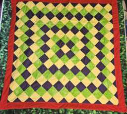 Handsewn-Artistic Cotton Quilted Throw-Purple, Yellow, Green With Red Trim-Gee's Bend Quilt - thumbnail 1