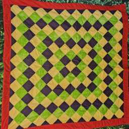 Handsewn-Artistic Cotton Quilted Throw-Purple, Yellow, Green With Red Trim-Gee's Bend Quilt - thumbnail 3