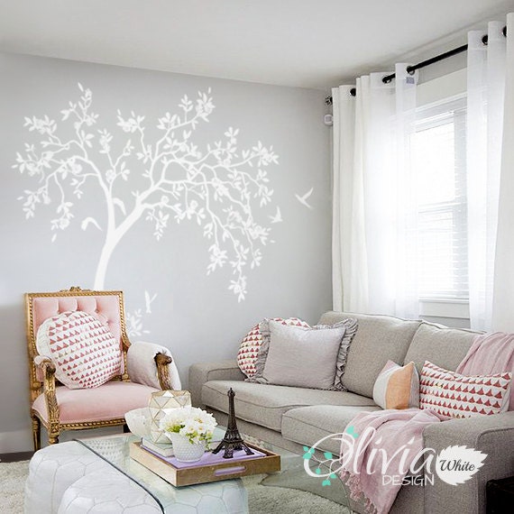 Large White Nursery Tree Wall Decal With Flowers, Birds & Leaves, Blossom Decoration - Decals Nt047 - image 1