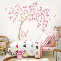 Large White Nursery Tree Wall Decal With Flowers, Birds & Leaves, Blossom Decoration - Decals Nt047 - thumbnail 2
