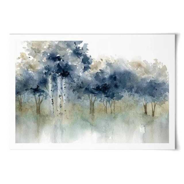 Waters Edge Watercolor Art Print, Navy Blue Tree Landscape - image 1