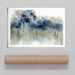 Waters Edge Watercolor Art Print, Navy Blue Tree Landscape - thumbnail 4