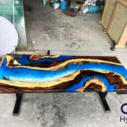 Live Edge Wooden Resin Table Adjustable Height Blue Ocean Dining Table - thumbnail 2