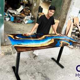 Live Edge Wooden Resin Table Adjustable Height Blue Ocean Dining Table - thumbnail 3