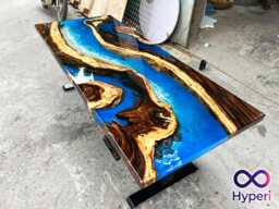 Live Edge Wooden Resin Table Adjustable Height Blue Ocean Dining Table