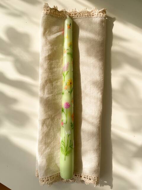 Spring Bloom Garden Dinner Candle - Green Floral Tapered Dinner Candle Hand Painted Illustrated - image 1