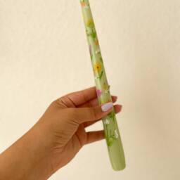 Spring Bloom Garden Dinner Candle - Green Floral Tapered Dinner Candle Hand Painted Illustrated - thumbnail 2