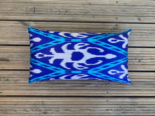 Blue Silk Ikat Cushion Cover Hand-Loomed Lumbar Pillow - 12.5 X 22.50 - image 1