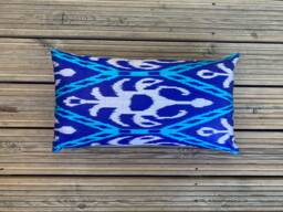 Blue Silk Ikat Cushion Cover Hand-Loomed Lumbar Pillow - 12.5 X 22.50 - thumbnail 1