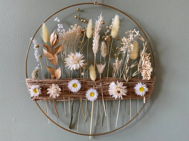 Golden Botanical Hoop - Minimalist Dried Flower Wall Art With White Everlastings & Wheat - Neutral Boho Home Decor Gift - image 1