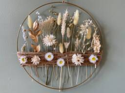 Golden Botanical Hoop - Minimalist Dried Flower Wall Art With White Everlastings & Wheat - Neutral Boho Home Decor Gift - thumbnail 1