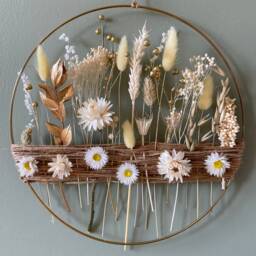 Golden Botanical Hoop - Minimalist Dried Flower Wall Art With White Everlastings & Wheat - Neutral Boho Home Decor Gift - thumbnail 3