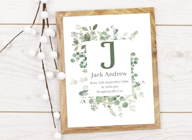 Children's Nursery Initial Print - Eucalyptus Greenery Neutral Children's Room Gift New Baby Name Birth Info - image 1