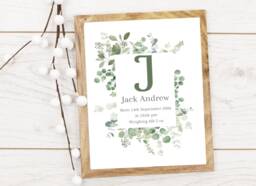 Children's Nursery Initial Print - Eucalyptus Greenery Neutral Children's Room Gift New Baby Name Birth Info - thumbnail 1