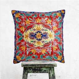 Hand Embroidered Cushion Cover Silk Thread On Cotton Canvas, Kashmiri Aari Embroidery, 40x40 cm 16x16 In, Vintage Style - thumbnail 1