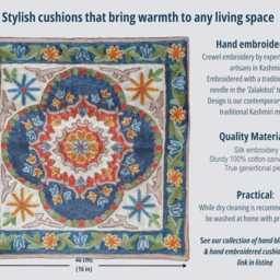 Hand Embroidered Cushion Cover Silk Thread On Cotton Canvas, Kashmiri Aari Embroidery, 40x40 cm 16x16 In, Vintage Style - thumbnail 4