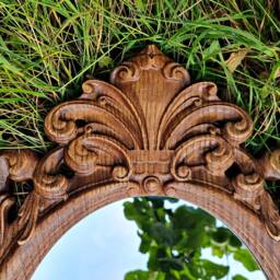 Vintage Oval Ash Wood Mirror, Ornate Carved Frame - thumbnail 3