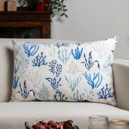 Sea Coral Xl Rectangular Cushion. Hand Illustrated Seaweed Print in Marine Blue & White. 100% Cotton Cloth. 23X15