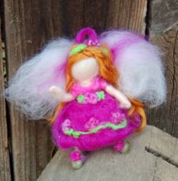 Wee Bright Sweet Fairy in Magenta, Fuchsia With Flowerd Needle Felted Soft Sculpture By Rebecca Varon-Gift