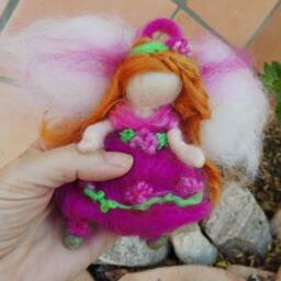 Wee Bright Sweet Fairy in Magenta, Fuchsia With Flowerd Needle Felted Soft Sculpture By Rebecca Varon-Gift - thumbnail 2