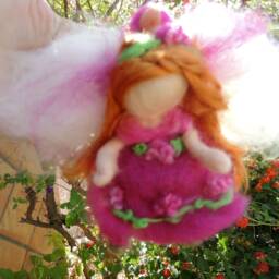 Wee Bright Sweet Fairy in Magenta, Fuchsia With Flowerd Needle Felted Soft Sculpture By Rebecca Varon-Gift - thumbnail 3