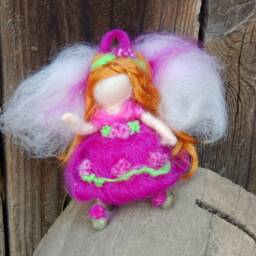 Wee Bright Sweet Fairy in Magenta, Fuchsia With Flowerd Needle Felted Soft Sculpture By Rebecca Varon-Gift - thumbnail 4