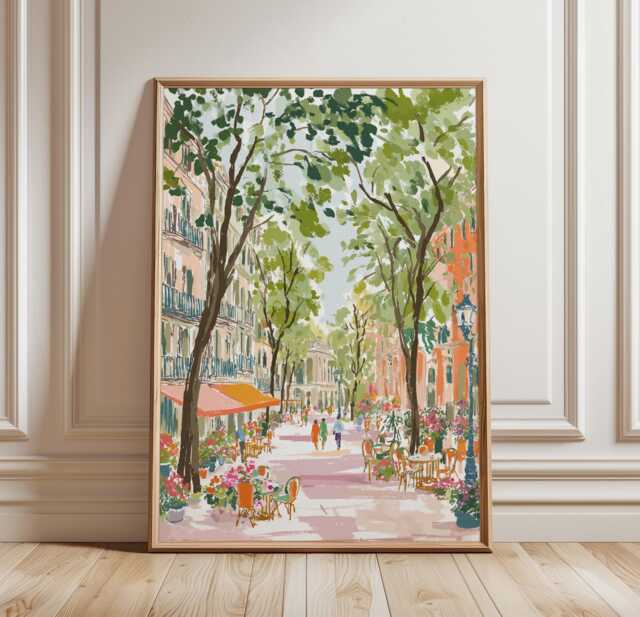 Barcelona Travel Poster - La Rambla Street Scene Art Warm Green & Terracotta Print - image 1