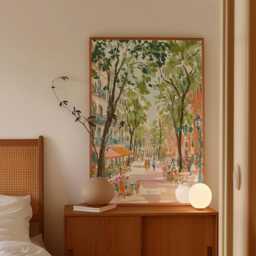 Barcelona Travel Poster - La Rambla Street Scene Art Warm Green & Terracotta Print - thumbnail 2
