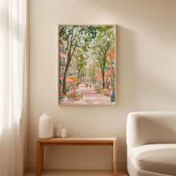 Barcelona Travel Poster - La Rambla Street Scene Art Warm Green & Terracotta Print - thumbnail 3