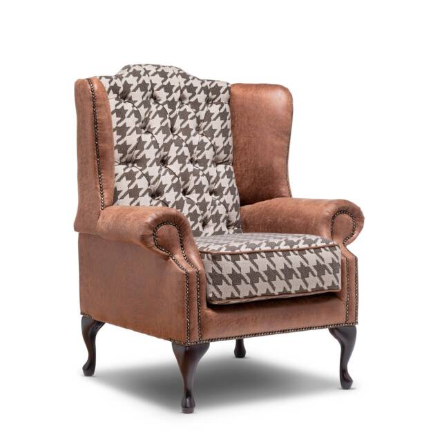 Chesterfield High Back Wing Chair in Vintage Faux Tan & Houndstooth - image 1