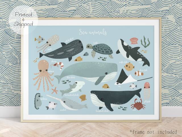 Sea Animals Print, Under The Ocean Nautical Nursery Scandi Decor, Educational Poster, Playroom Prints, Kids Wall Art - image 1