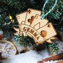 Personalised Poker Christmas Ornament Card Playing Deck Wood Custom Bauble Laser Engrave Rustic Name Personalise Tree Decoration Irish - thumbnail 3