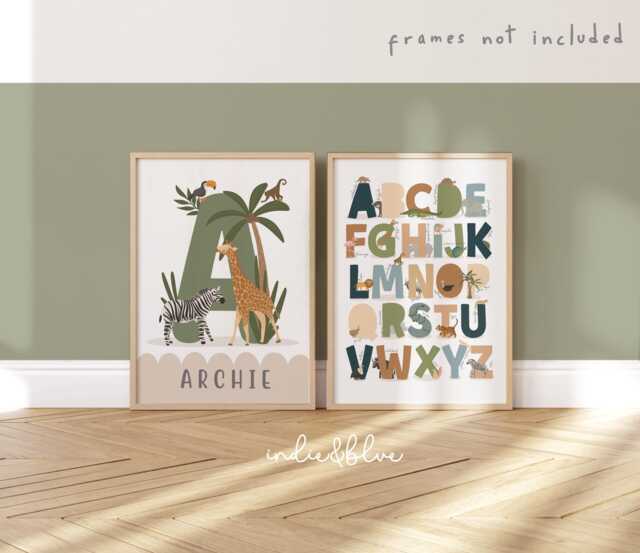 Set Of 2 Personalised Safari Alphabet Prints, Abc Print, Animals Scandi Nursery Educational Playroom Prints - image 1