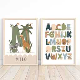 Set Of 2 Personalised Safari Alphabet Prints, Abc Print, Animals Scandi Nursery Educational Playroom Prints - thumbnail 3