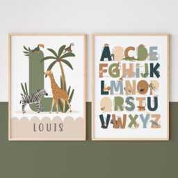Set Of 2 Personalised Safari Alphabet Prints, Abc Print, Animals Scandi Nursery Educational Playroom Prints - thumbnail 2