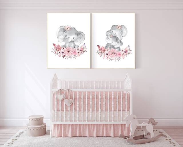 Elephant Nursery Print Boho Floral Girl Room Decor - image 1