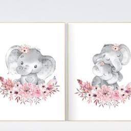 Elephant Nursery Print Boho Floral Girl Room Decor - thumbnail 2